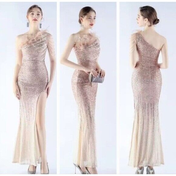 Gold, One Shoulder Beaded,Feather Neckline, Gradient Print, Sequined Gown - Picture 2 of 14